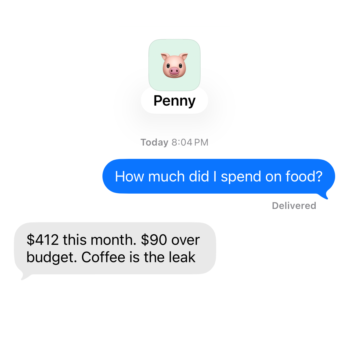 Chat with Penny. You: “How much did I spend on food?” Penny: “$412 this month. $90 over budget. Coffee is the leak”