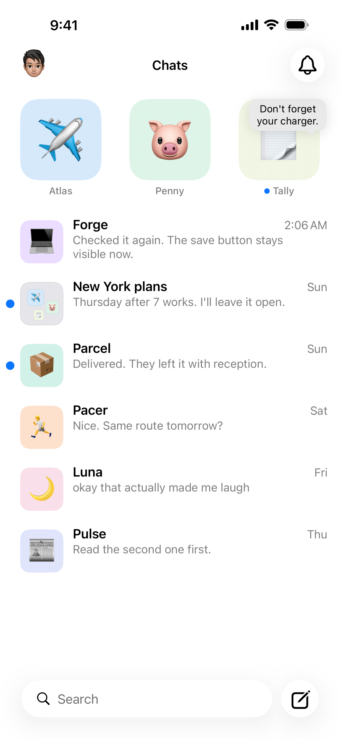 Your chats in Relay, with Atlas, Penny and Tally pinned at the top and unread chats below